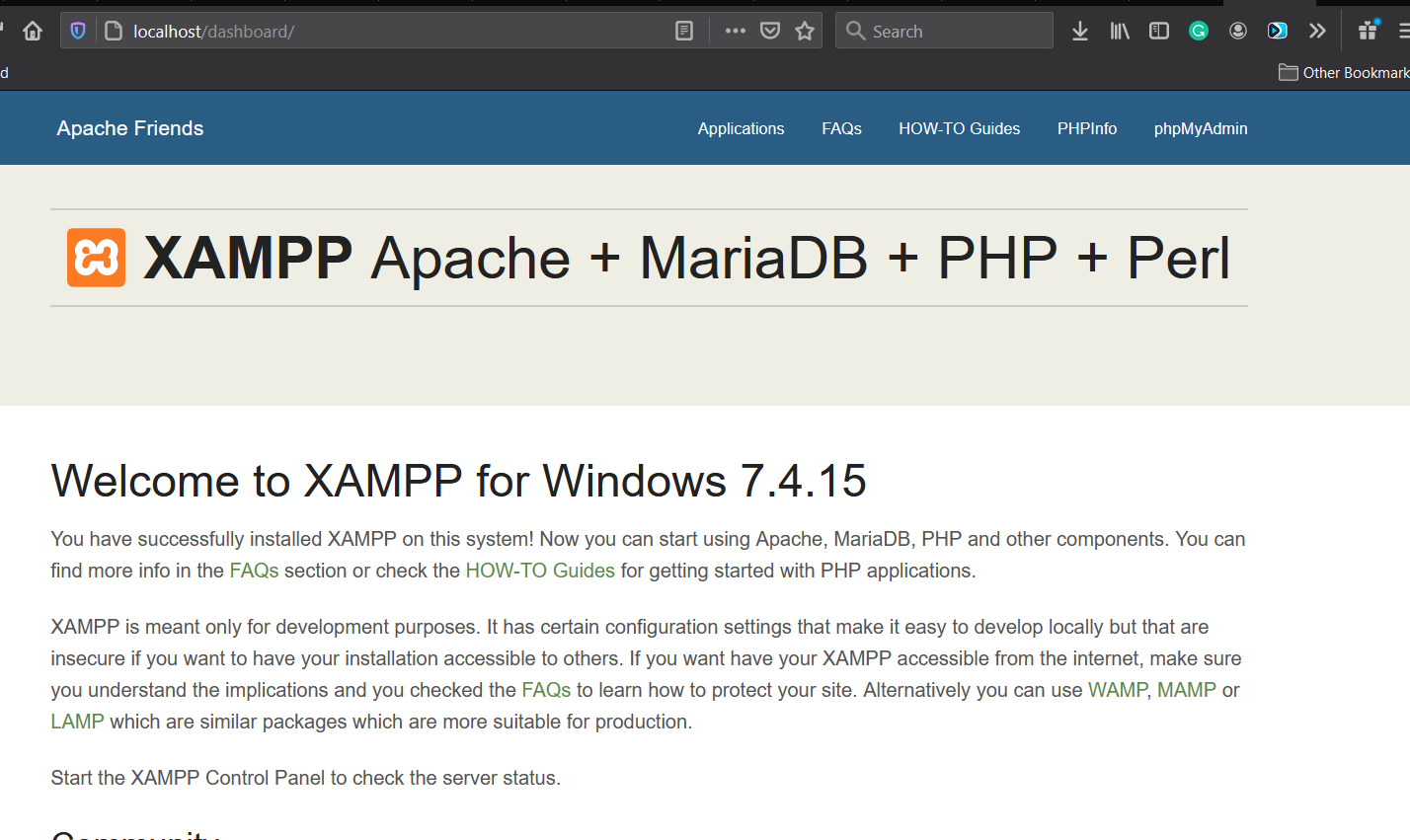 Install XAMPP on Windows 10 - Dashboard