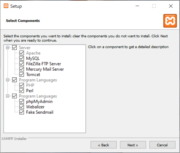 Install XAMPP on Windows 10 - Choose Components