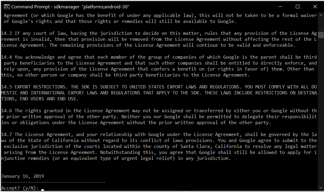 Install Android Platform Tools and SDK Manager on Windows 10 - SDK License Agreement