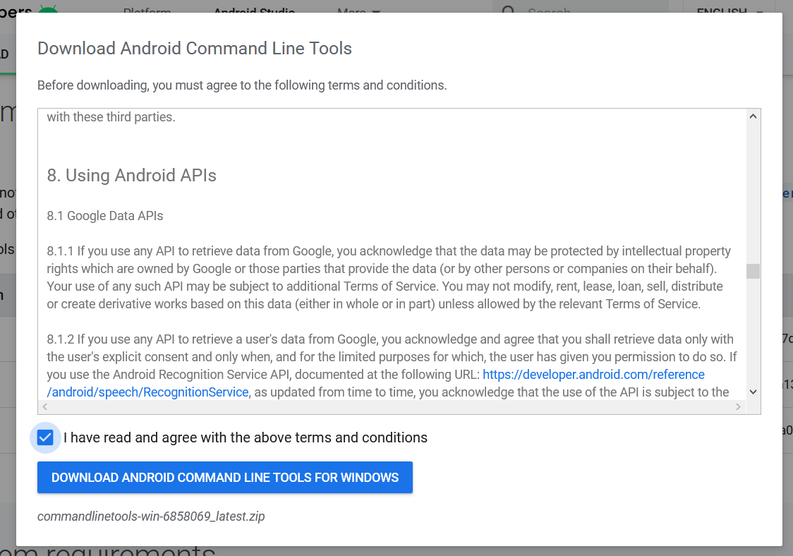 Install Android Platform Tools and SDK Manager on Windows 10 - License Agreement