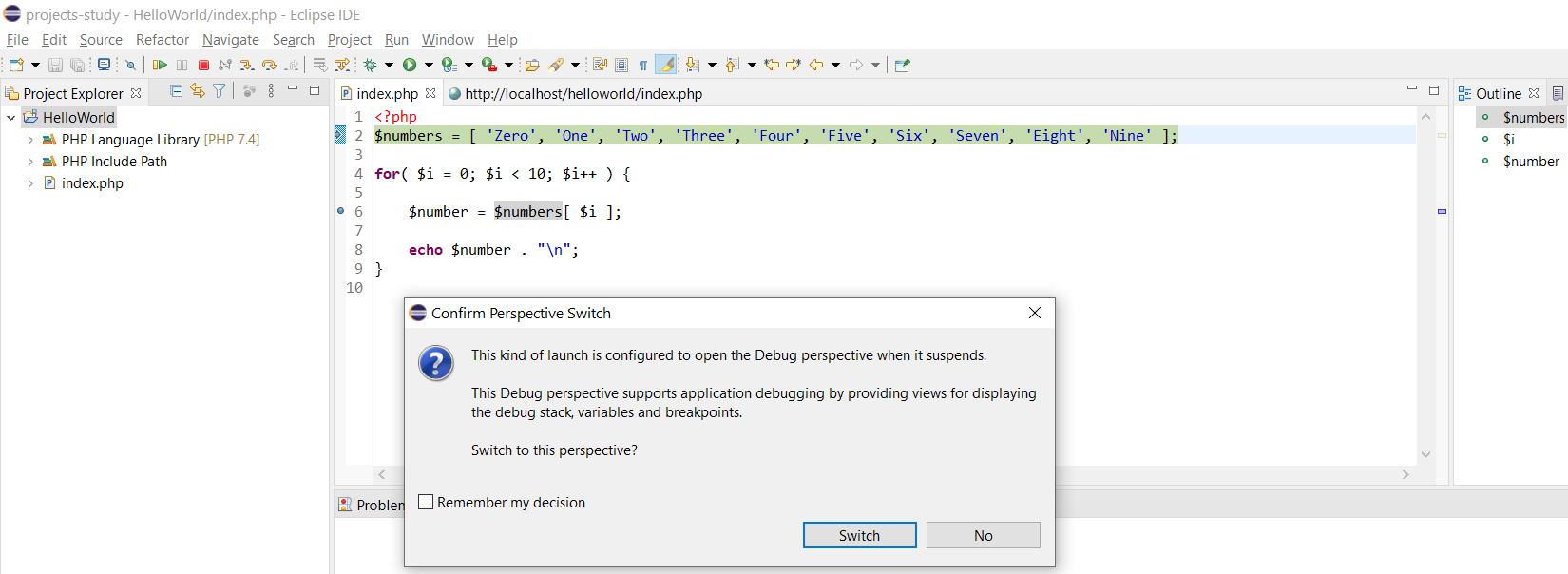 Remote Debug PHP on Windows using Eclipse - Switch Perspective