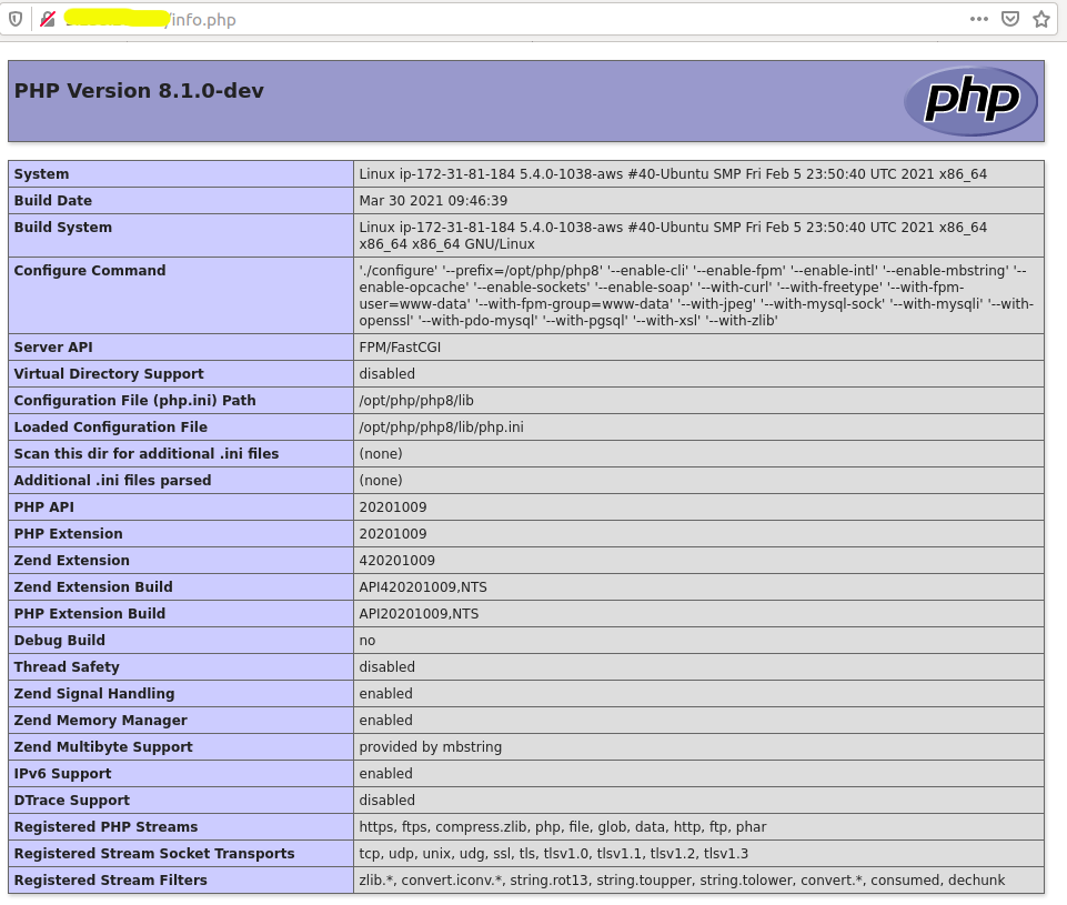 Install PHP 8 From Source Code On Ubuntu 20.04 LTS - phpinfo() output