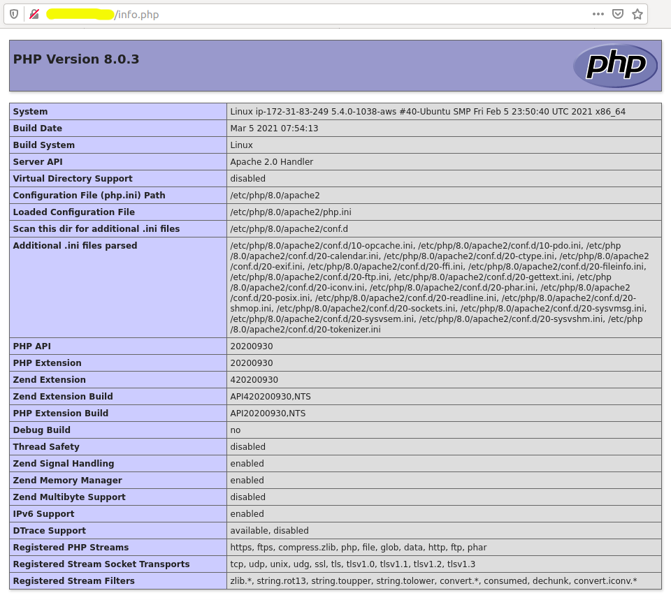 Install PHP 8.0 on Ubuntu 18.04 LTS - phpinfo() output