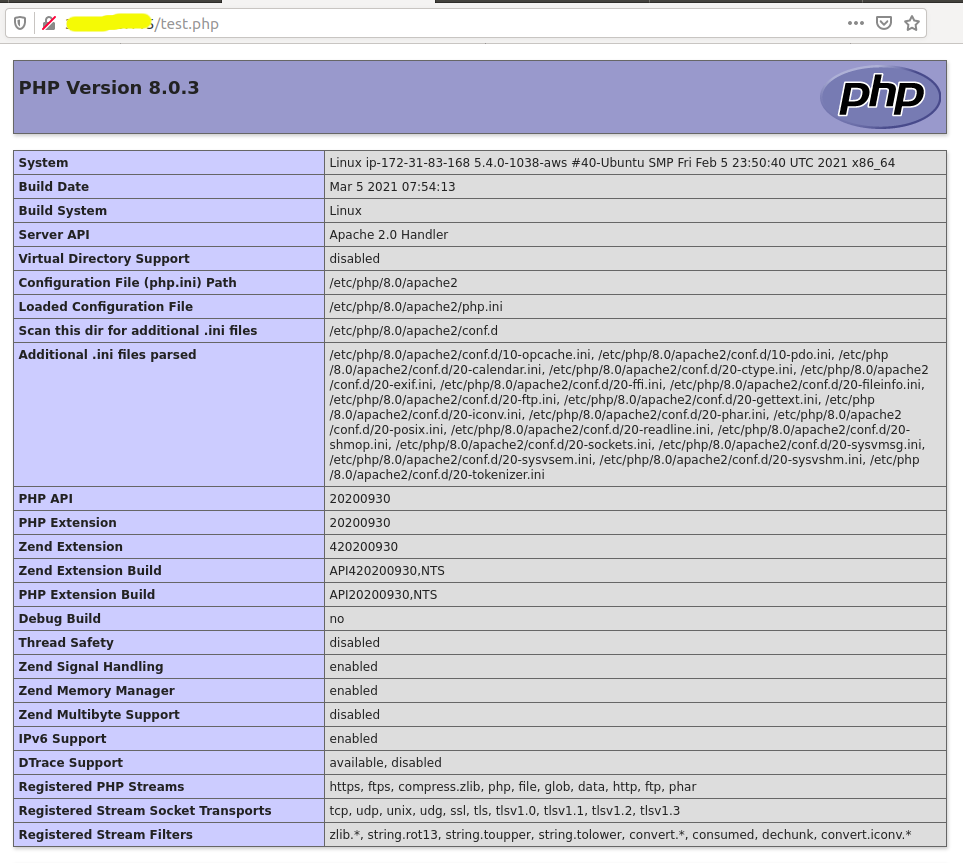 Install PHP 8.0 on Ubuntu 20.04 LTS - phpinfo() output Install PHP 8.0 on Ubuntu 20.04 LTS - phpinfo() output