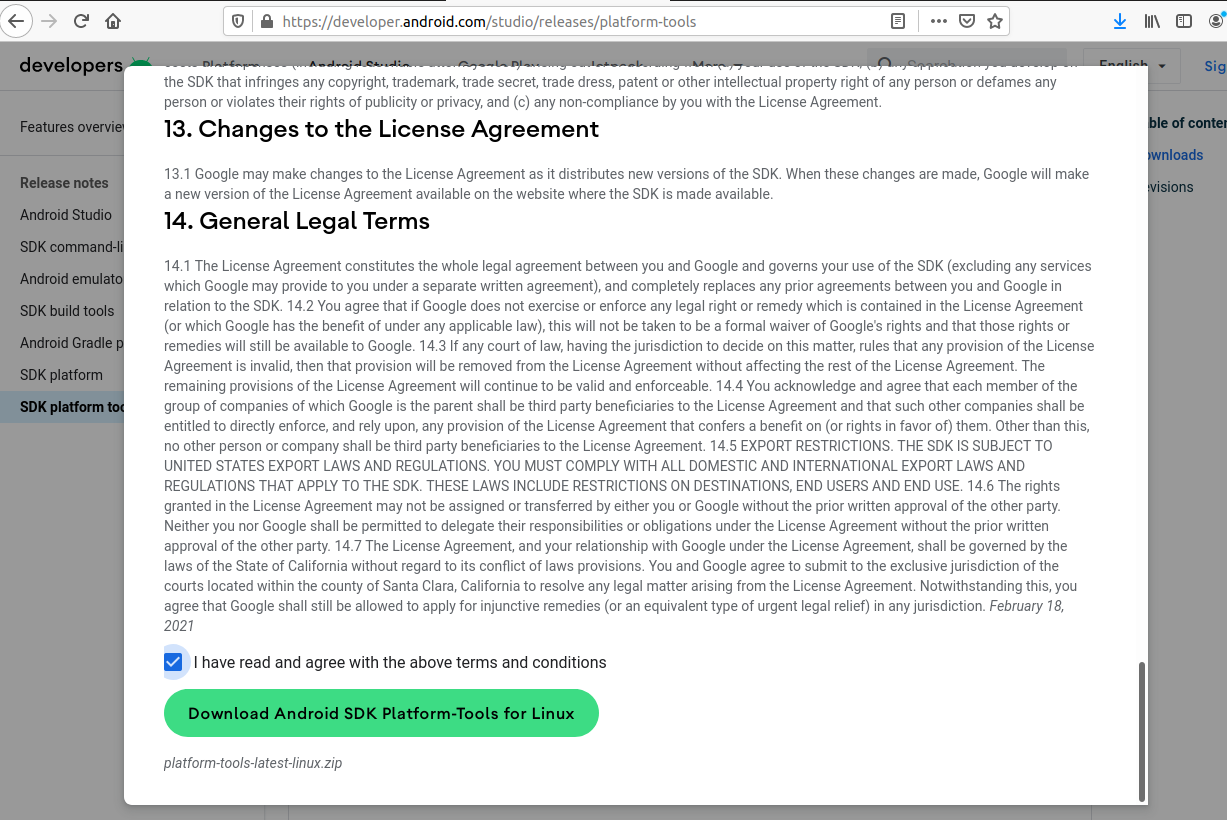 Install Android SDK Tools On Ubuntu 20.04 - Platform Tools Terms