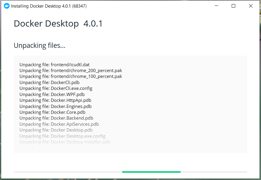 Install Docker Desktop on Windows 10 - Installation Progress Install Docker Desktop on Windows 10 - Installation Progress