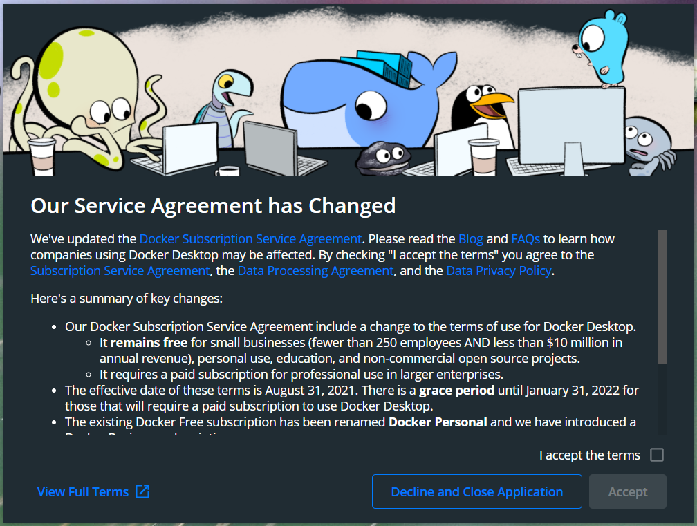 Install Docker Desktop on Windows 10 - Service Agreement