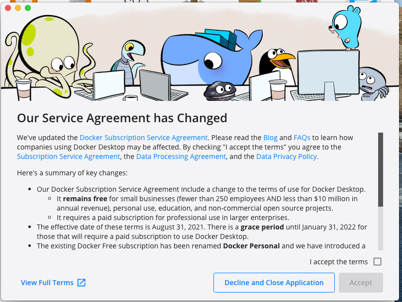 Install Docker Desktop on macOS - License Agreement