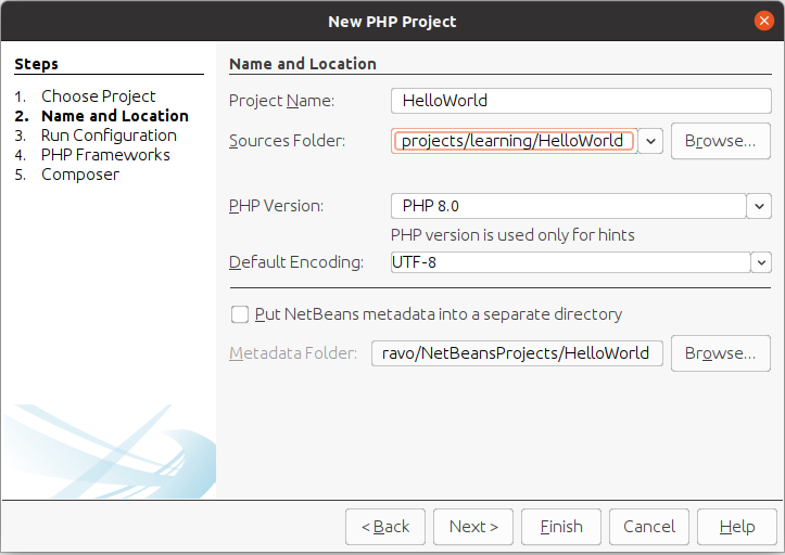 Install NetBeans 12 for PHP On Ubuntu 20.04 - Project Name and Location Install NetBeans 12 for PHP On Ubuntu 20.04 - Project Name and Location