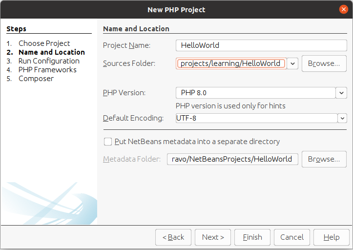 Install NetBeans 12 for PHP On Ubuntu 20.04 - Project Name and Location