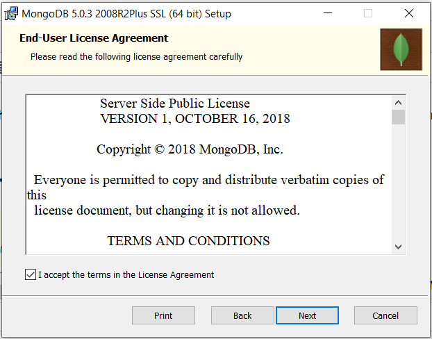 Install MongoDB 5, Compass, Shell on Windows 10 - License Agreement