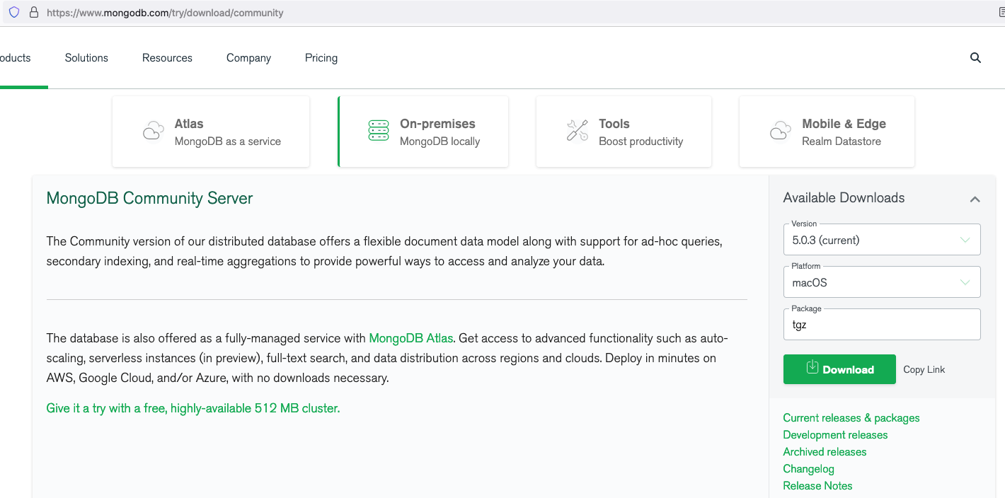 Install MongoDB, Compass, Shell on macOS Catalina - Download Options