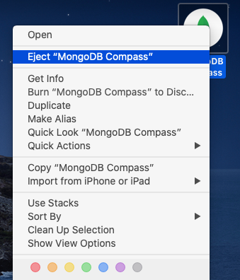Install MongoDB, Compass, Shell on macOS Catalina - MongoDB Compass - Eject