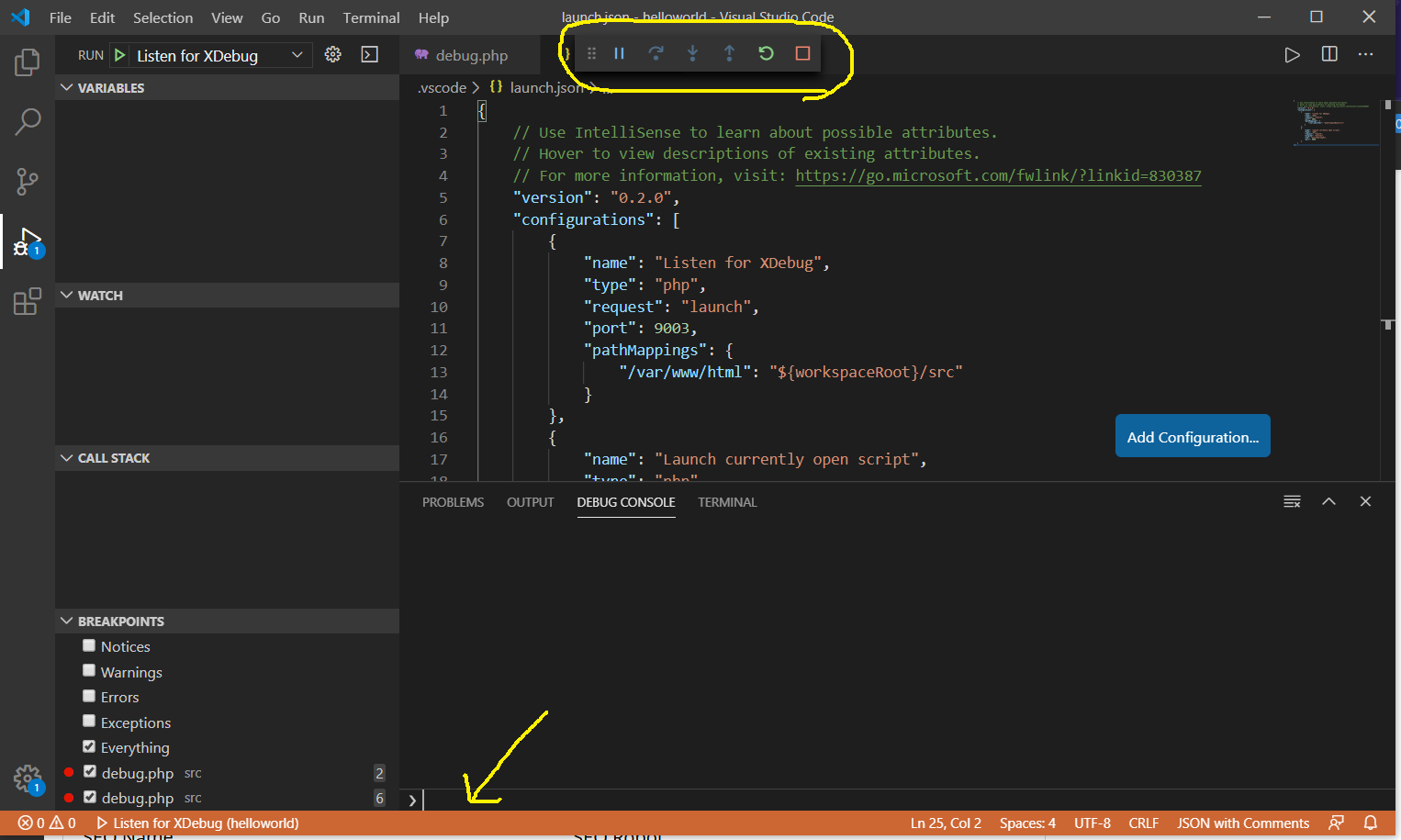 Debug PHP using Xdebug and Visual Studio Code - Docker Container - Debugging Session