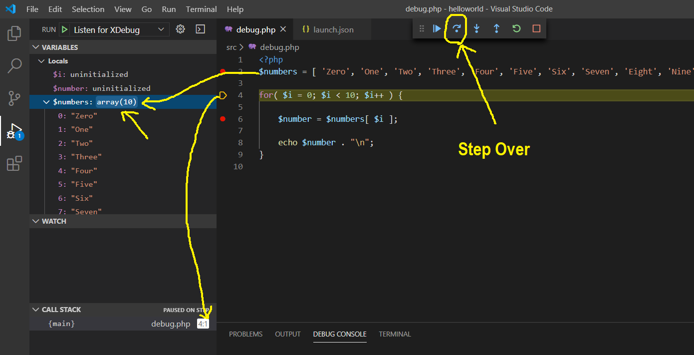 Debug PHP using Xdebug and Visual Studio Code - Docker Container - Step Over