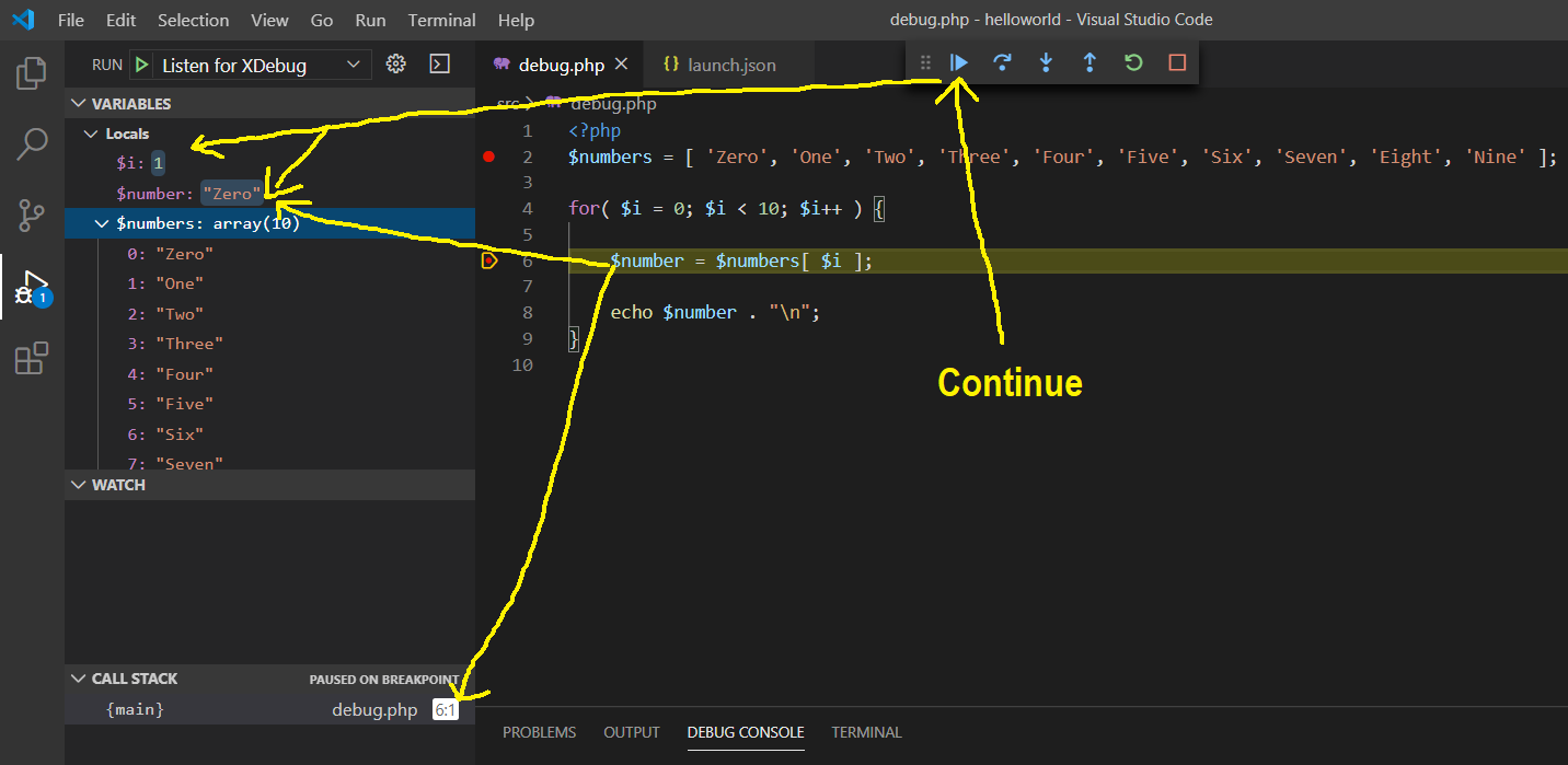 Debug PHP using Xdebug and Visual Studio Code - Docker Container - Continue
