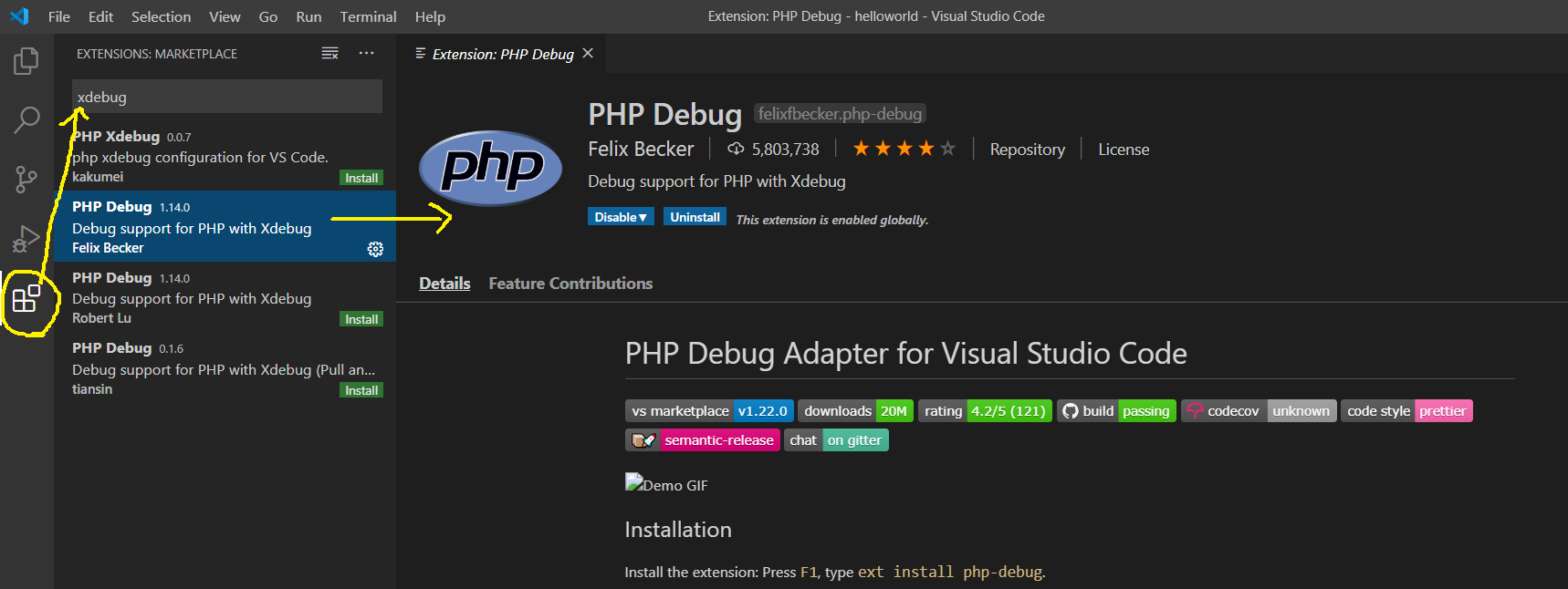 Debug PHP using Xdebug and Visual Studio Code - Docker Container - Extensions