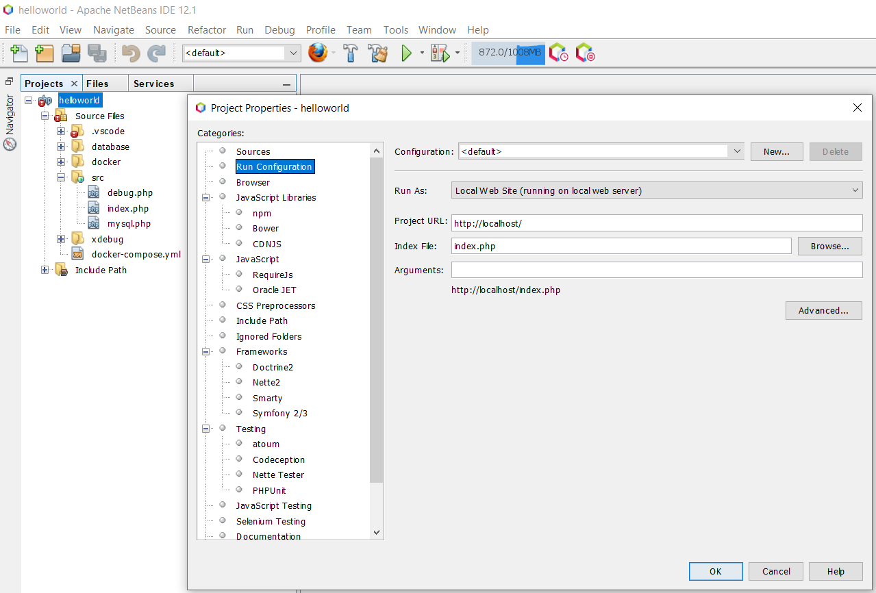 Debug PHP using Xdebug and NetBeans - Docker Container - Configure Project - Run Configurations