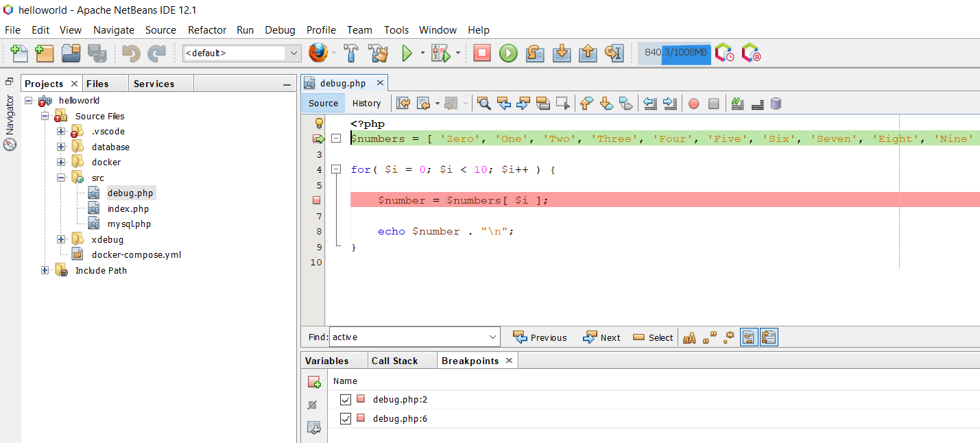 Debug PHP using Xdebug and NetBeans - Docker Container - Configure Project - Instruction Pointer