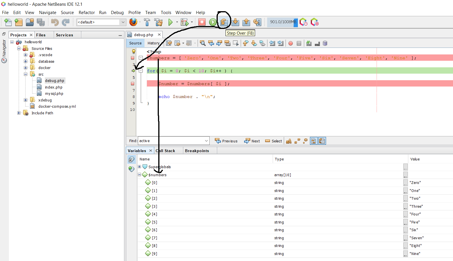 Debug PHP using Xdebug and NetBeans - Docker Container - Configure Project - Step Over