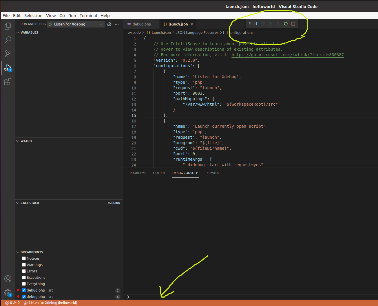 Debug PHP using Xdebug and Visual Studio Code - Docker Container - Ubuntu - Debugging Session
