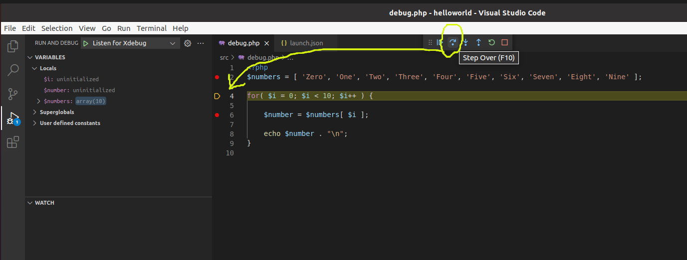 Debug PHP using Xdebug and Visual Studio Code - Docker Container - Ubuntu - Step Over