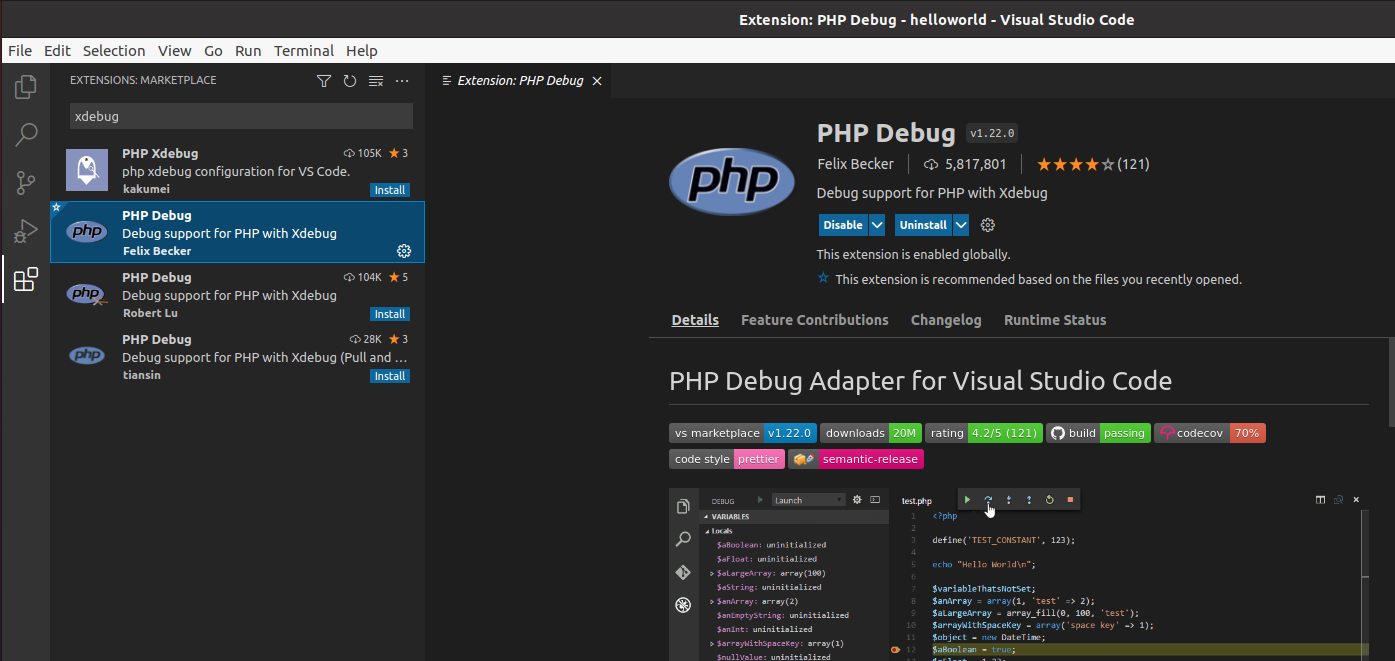 Debug PHP using Xdebug and Visual Studio Code - Docker Container - Extensions