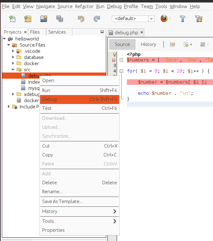 Debug PHP using Xdebug and NetBeans - Docker Container - Ubuntu - Start Debugger