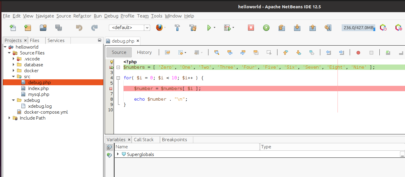 Debug PHP using Xdebug and NetBeans - Docker Container - Ubuntu - Debugger Paused