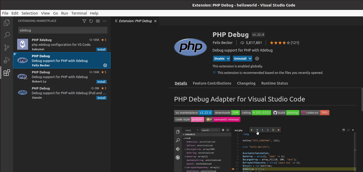 Debug PHP using Xdebug and Visual Studio Code on Ubuntu - VS Code Extension