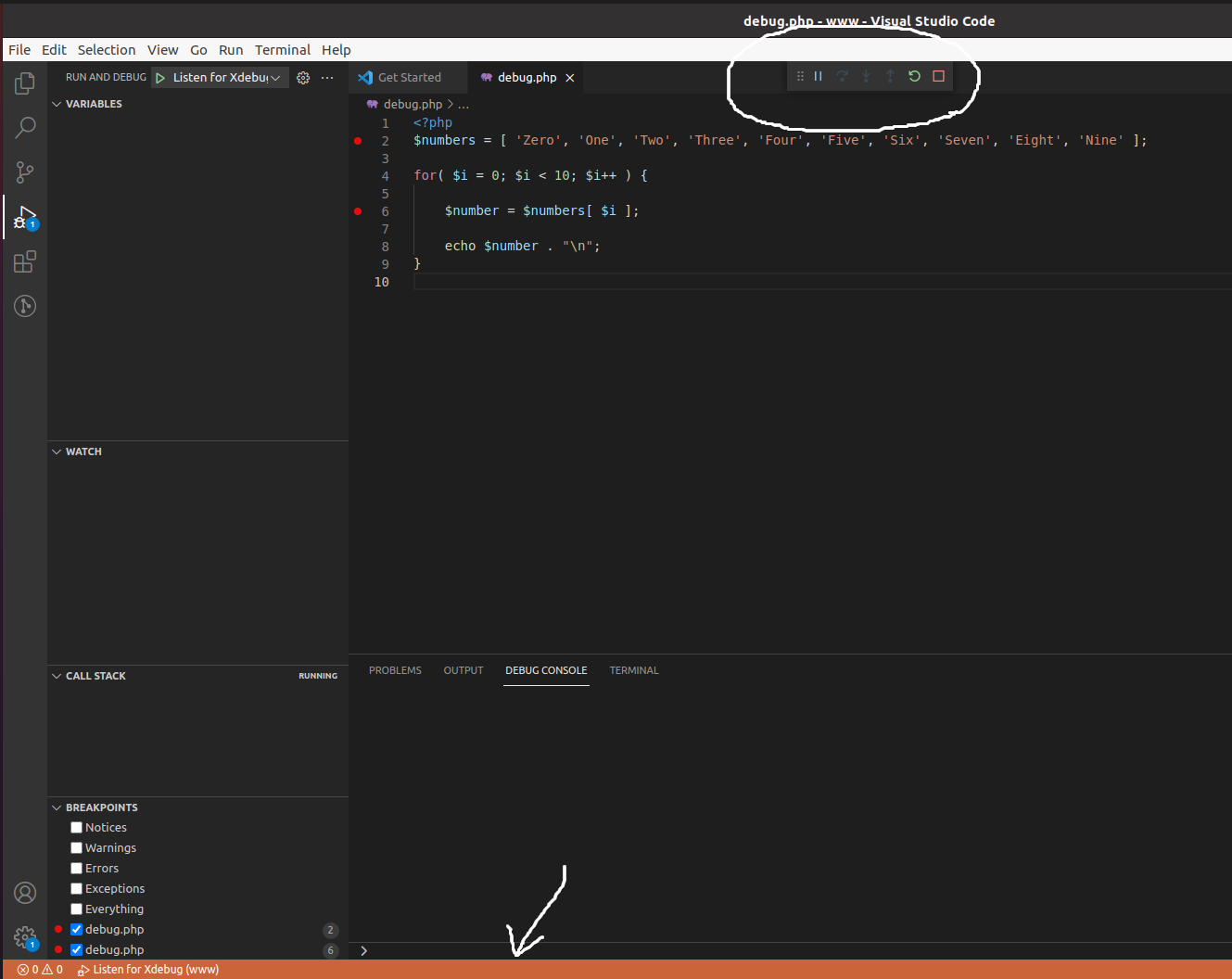 Debug PHP using Xdebug and Visual Studio Code on Ubuntu - VS Code - Debug Session