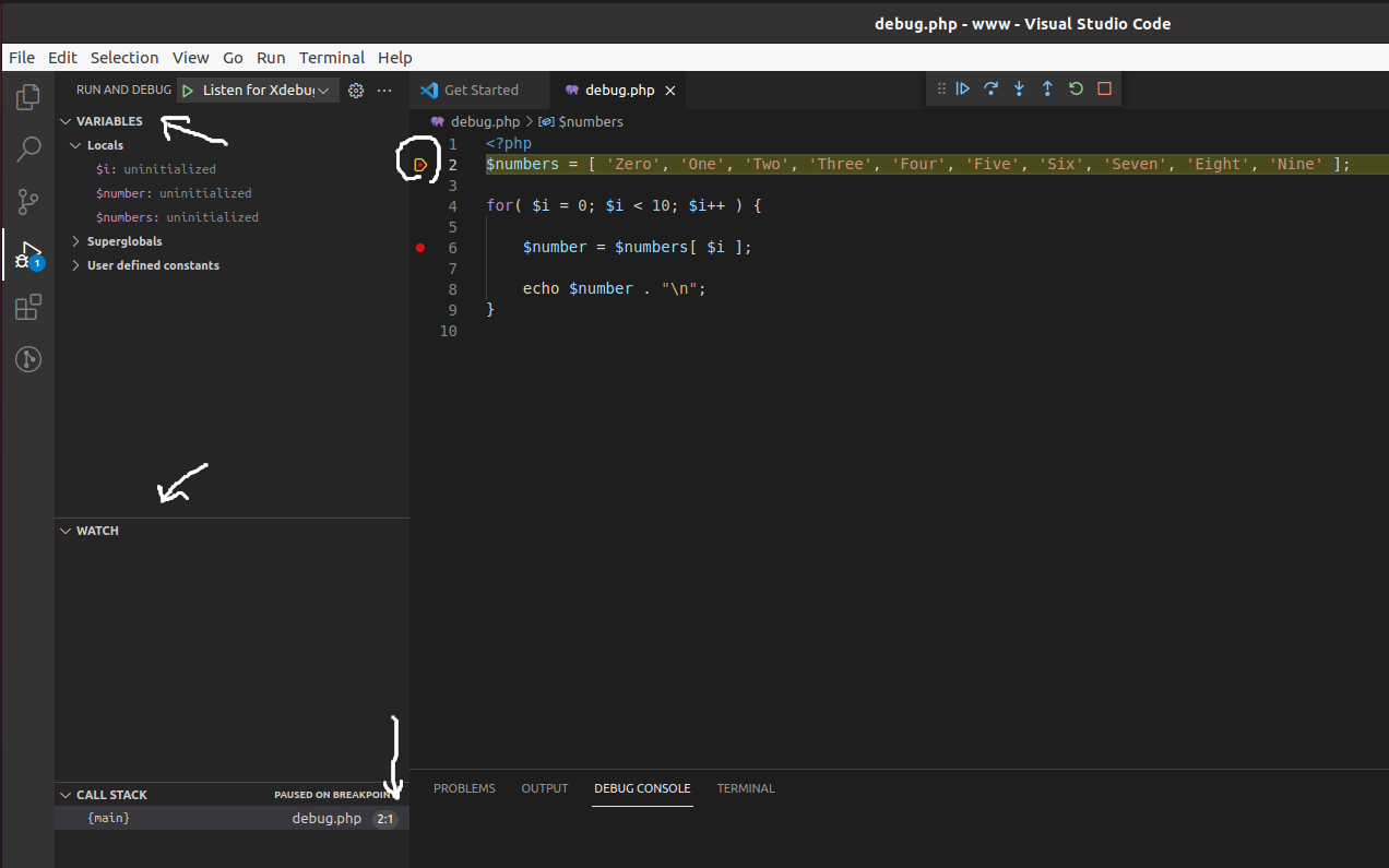 Debug PHP using Xdebug and Visual Studio Code on Ubuntu - VS Code - Debug Pause