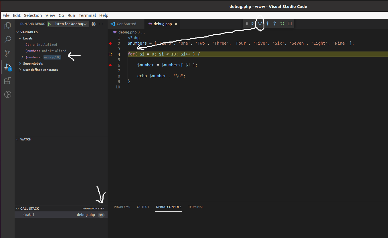 Debug PHP using Xdebug and Visual Studio Code on Ubuntu - VS Code - Step Over