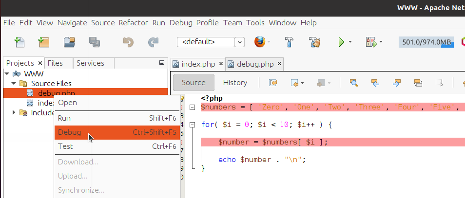 Debug PHP using Xdebug and NetBeans on Ubuntu - Debugger Session