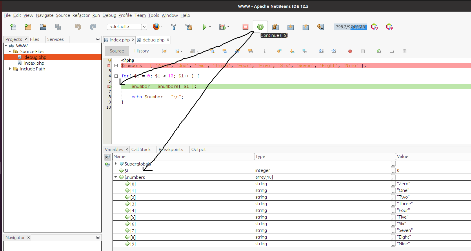 Debug PHP using Xdebug and NetBeans on Ubuntu - Continue