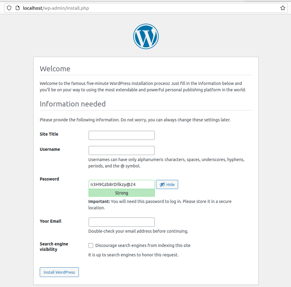 Containerize WordPress with NGINX, PHP, MySQL, and phpMyAdmin using Docker - Setup WordPress Containerize WordPress with NGINX, PHP, MySQL, and phpMyAdmin using Docker - Setup WordPress