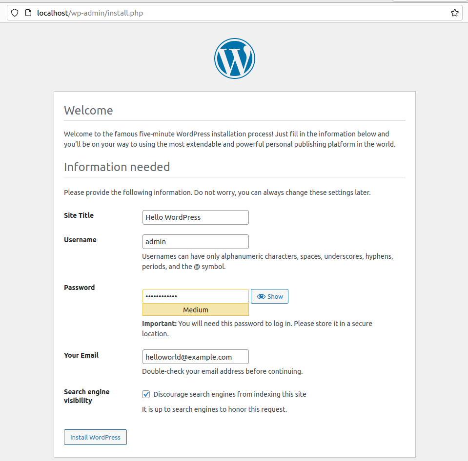 Containerize WordPress with NGINX, PHP, MySQL, and phpMyAdmin using Docker - Setup WordPress Containerize WordPress with NGINX, PHP, MySQL, and phpMyAdmin using Docker - Setup WordPress